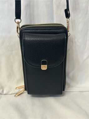 Black Crossbody Phone Bag with Gold Hardware